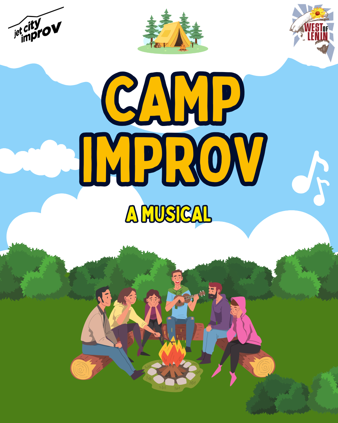 Adults sit around a campfire