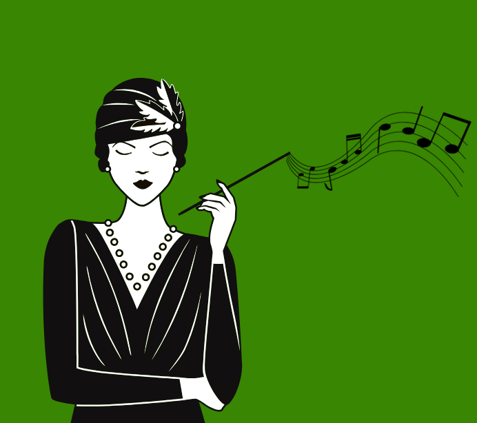 A flapper holds a cigarette emitting music notes instead of smoke